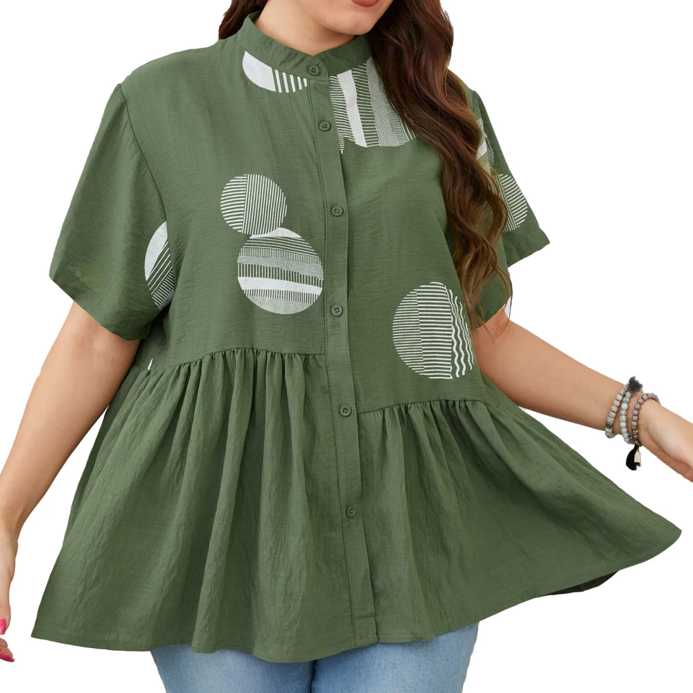 Oversize Ruffle Hem Blouse Single Breasted Printed Short Sleeve Ruffle Hem Blouse for Women Lady Dark Green XXXL