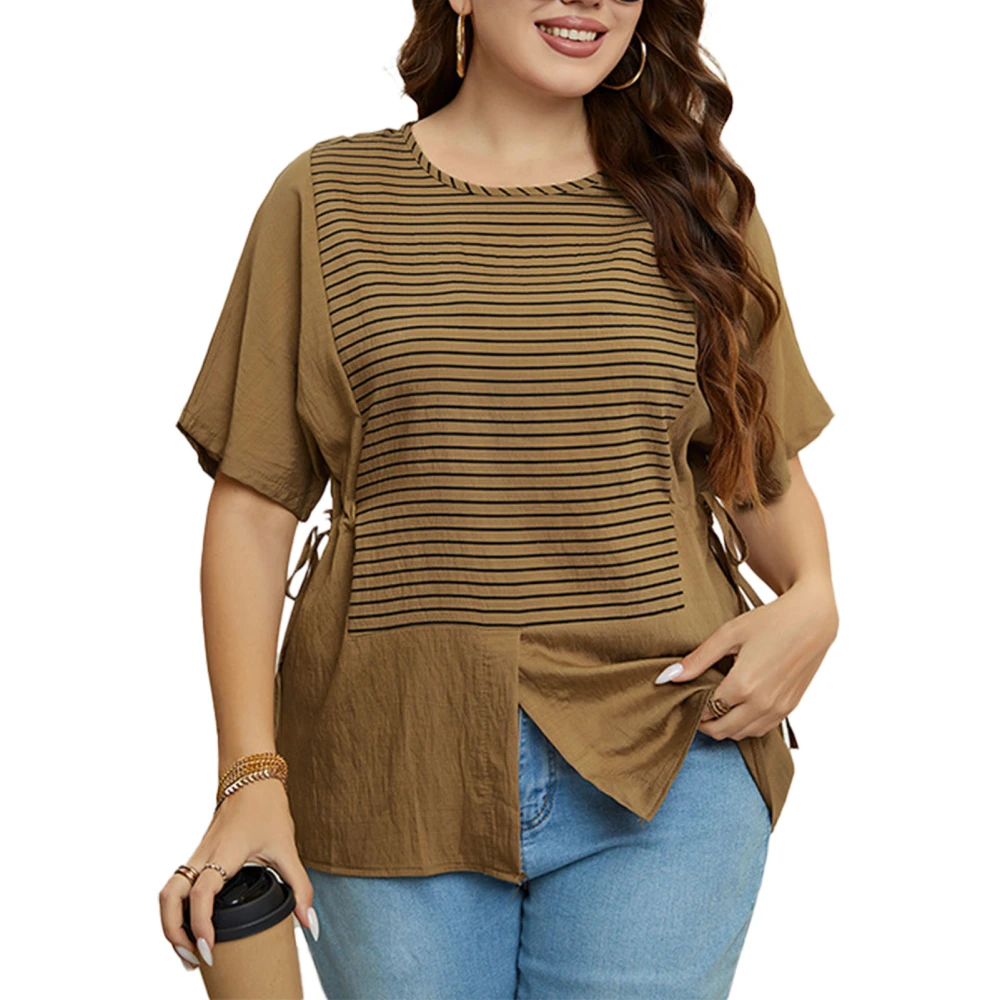 Woman Summer Casual Top Crewneck Lace Up Waist T Shirt Striped Split Loose Fit Short Sleeves Blouse Dark Brown 2XL