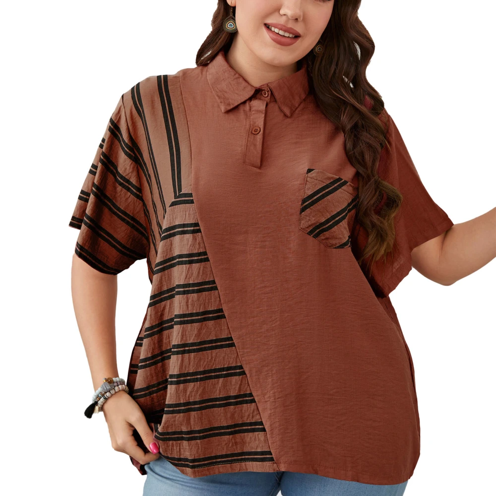 Women Short Sleeve Shirt 1/4 Button Turn Down Collar Striped Color Block Pullover Women Loose Shirt Top for Summer Light Brown XXXL