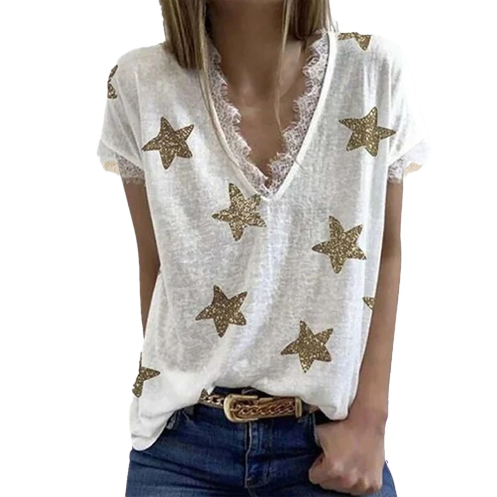 Women Summer Top Casual Short Sleeve Star Print Lace Trim Deep V Neck T Shirt for Female White S