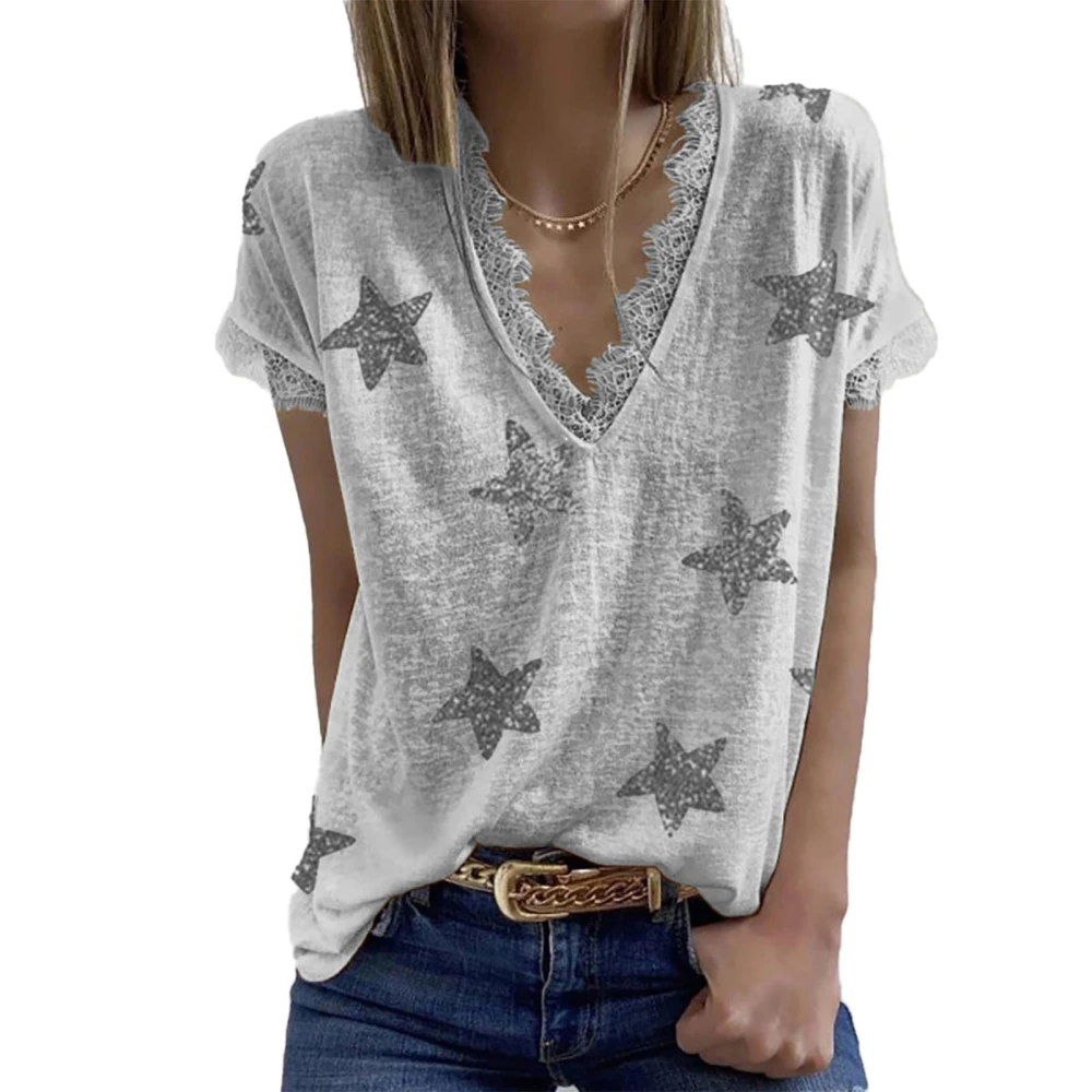 Women Summer Top Casual Short Sleeve Star Print Lace Trim Deep V Neck T Shirt for Female Light Gray XL