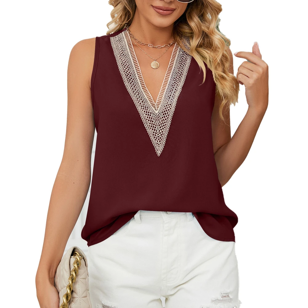 Sleeveless Guipure Tank Casual Deep V Neck Sleeveless Lace Trim Tank Top for Women Lady Summer Burgundy S