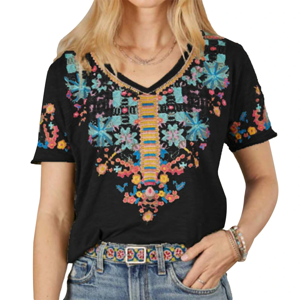 Embroidery V Neck Blouse Regular Type Embroidery Short Sleeve Blouse Top for Women Lady Girl Black S