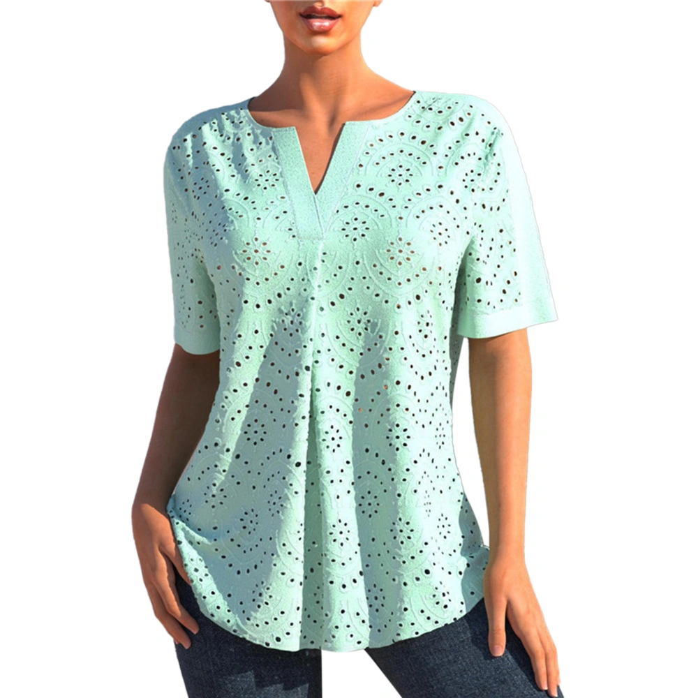 Women Summer Top Casual Short Sleeve Pure Color Eyelet Pleated V Neck T Shirt for Female Light Green M