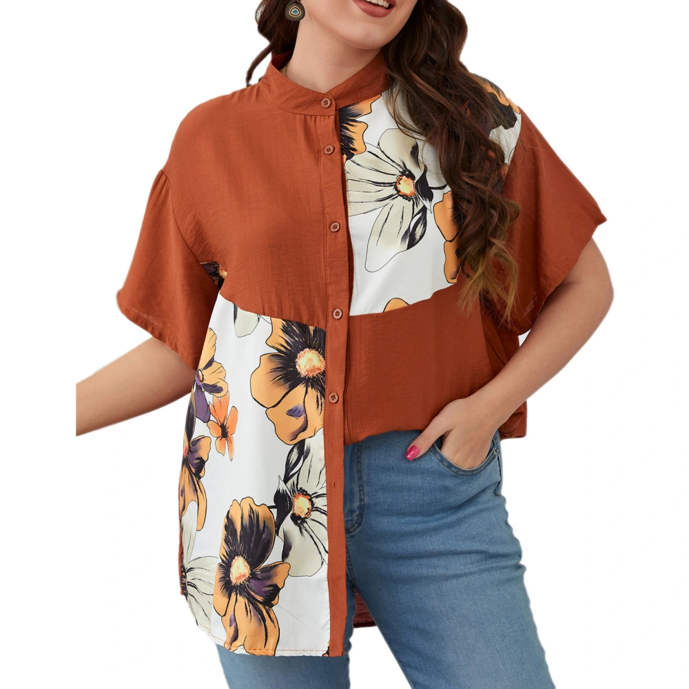 Women Plus Size Shirt Printed Short Sleeve Loose Breathable Button Blouse Summer Oversized Casual Tops Brick Red XXXL