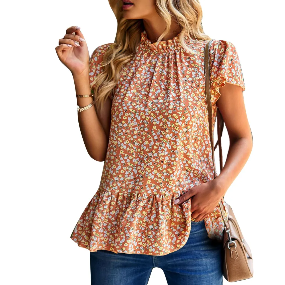 Floral Ruffle Sleeve Blouse Printed Pleated Round Neck Short Sleeved Blouse for Women Lady Summer Orange S