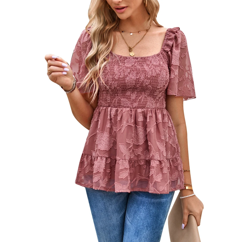 Women Short Sleeve Top Shirred Elastic Waist Shirt Jacquard Loose Hem Fashionable Top Rose Pink M