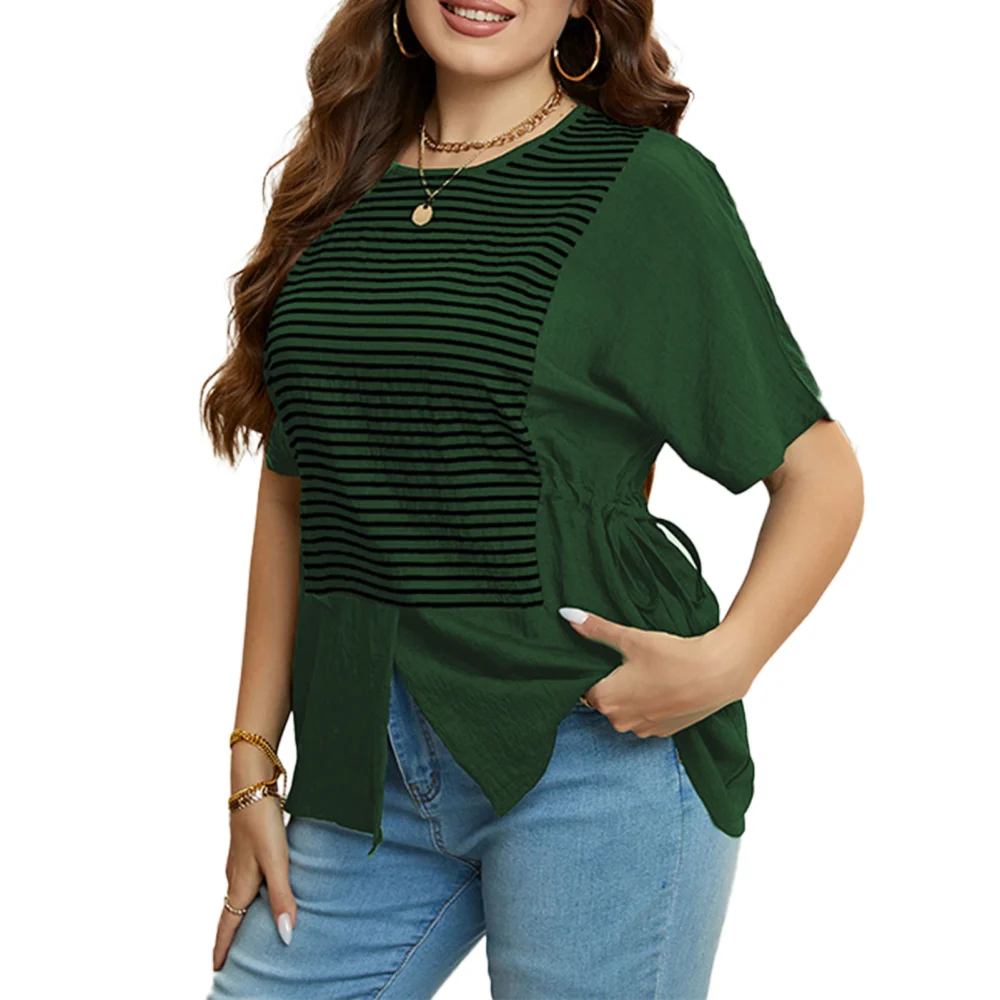 Woman Summer Casual Top Crewneck Lace Up Waist T Shirt Striped Split Loose Fit Short Sleeves Blouse Dark Green XL