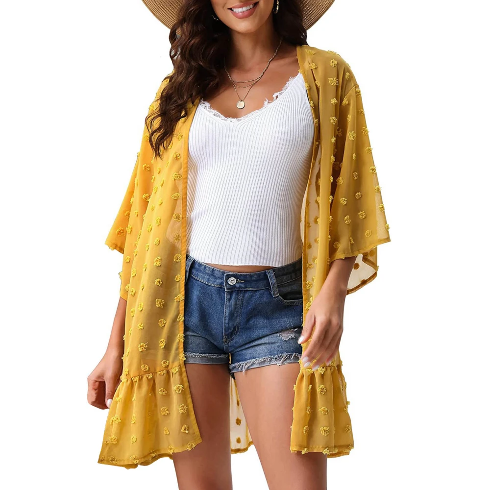 Jacquard Beach Cover Up Sheer Ruffle Hem Pure Color 3/4 Sleeves Cover Up for Women Summer Yellow M