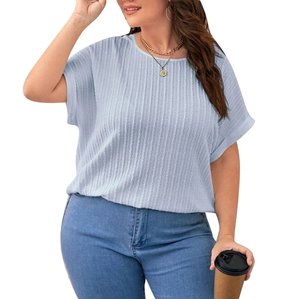 Women Summer Top Plus Size Loose Round Neck Short Rolled Sleeve Ribbed Top for Female Sky Blue XXXL