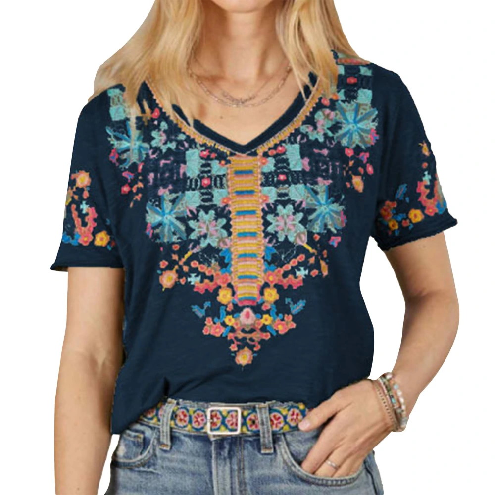 Embroidery V Neck Blouse Regular Type Embroidery Short Sleeve Blouse Top for Women Lady Girl Purplish Blue XXL