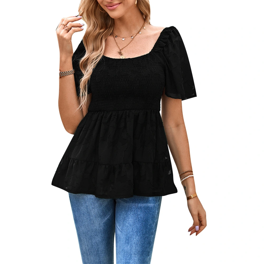 Women Short Sleeve Top Shirred Elastic Waist Shirt Jacquard Loose Hem Fashionable Top Black L