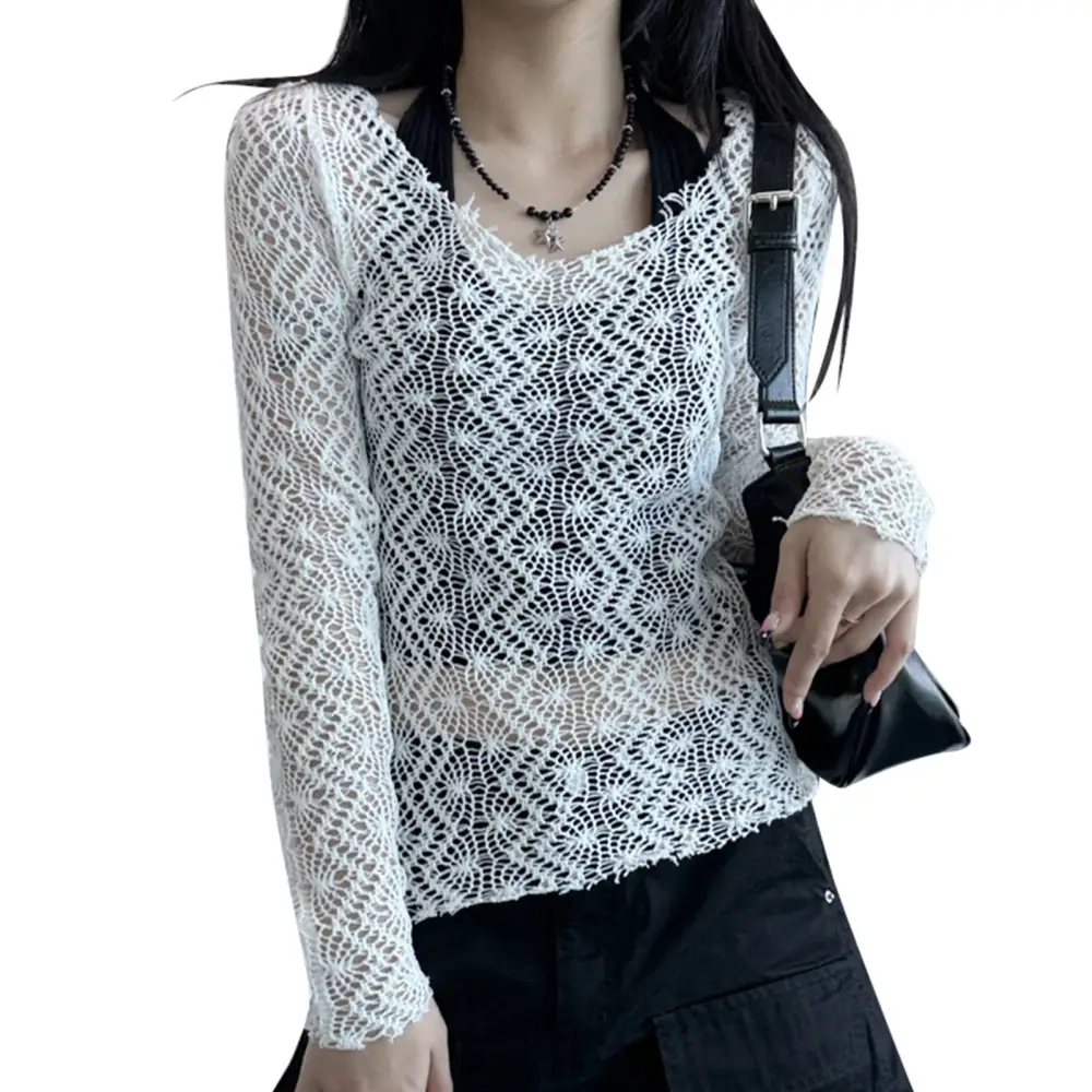 Women Hollow Top Long Sleeve Shirt V Neck Top Pure Color Shirt Summer Fashionable Top White M