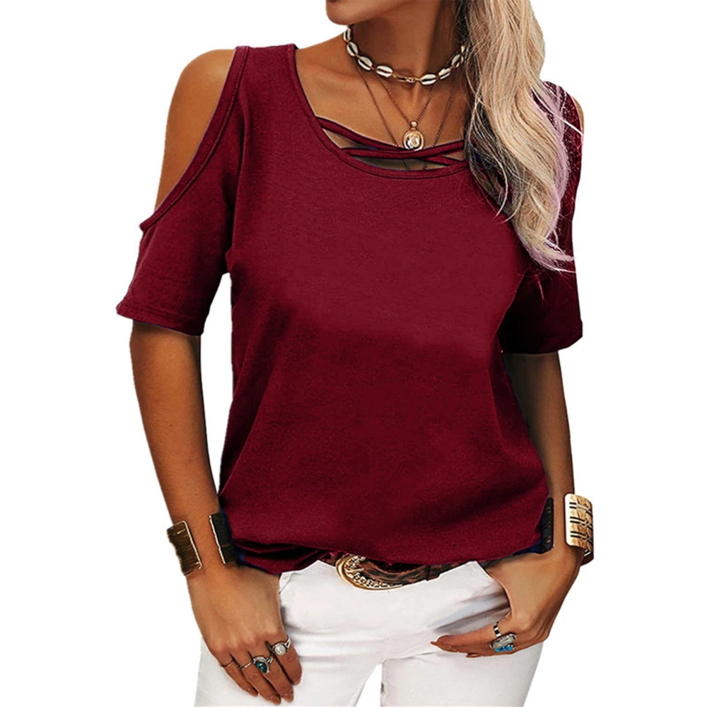 Women Casual Short Sleeve Top Cold Shoulder Shirt Summer Fashion Loose Comfy Blouse Wine Red S