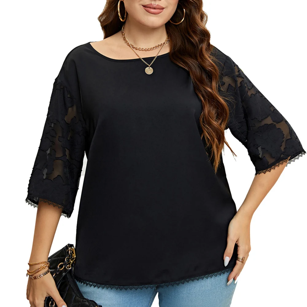 Women 3/4 Lace Sleeve Round Neck T Shirt Casual Loose Top Pure Color Large Size Blouses for Summer Black 2XL