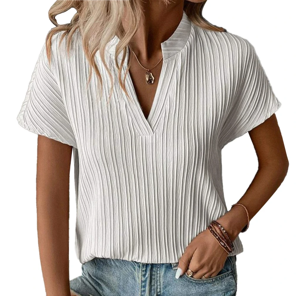 Women V Neck Blouse Short Sleeve Striped Casual Loose Fitting Pure Color Summer Pullover T Shirt White S