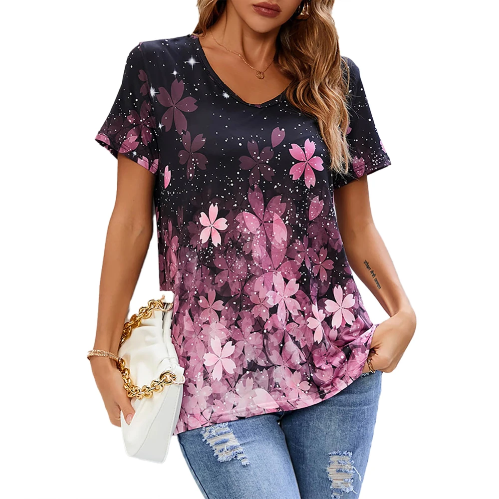 Women Summer Top Casual Short Sleeve Gradient Color Floral Printed V Neck T Shirt for Female Wine Red L