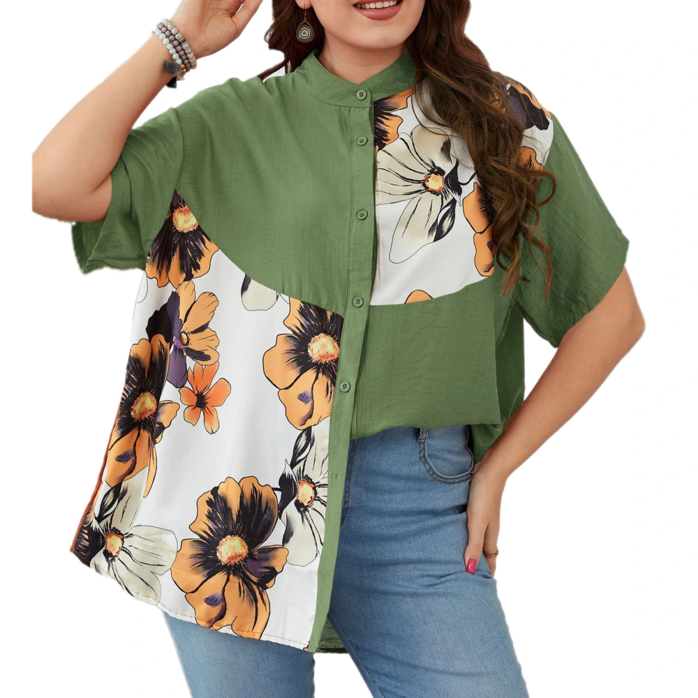 Women Plus Size Shirt Printed Short Sleeve Loose Breathable Button Blouse Summer Oversized Casual Tops Green XXL