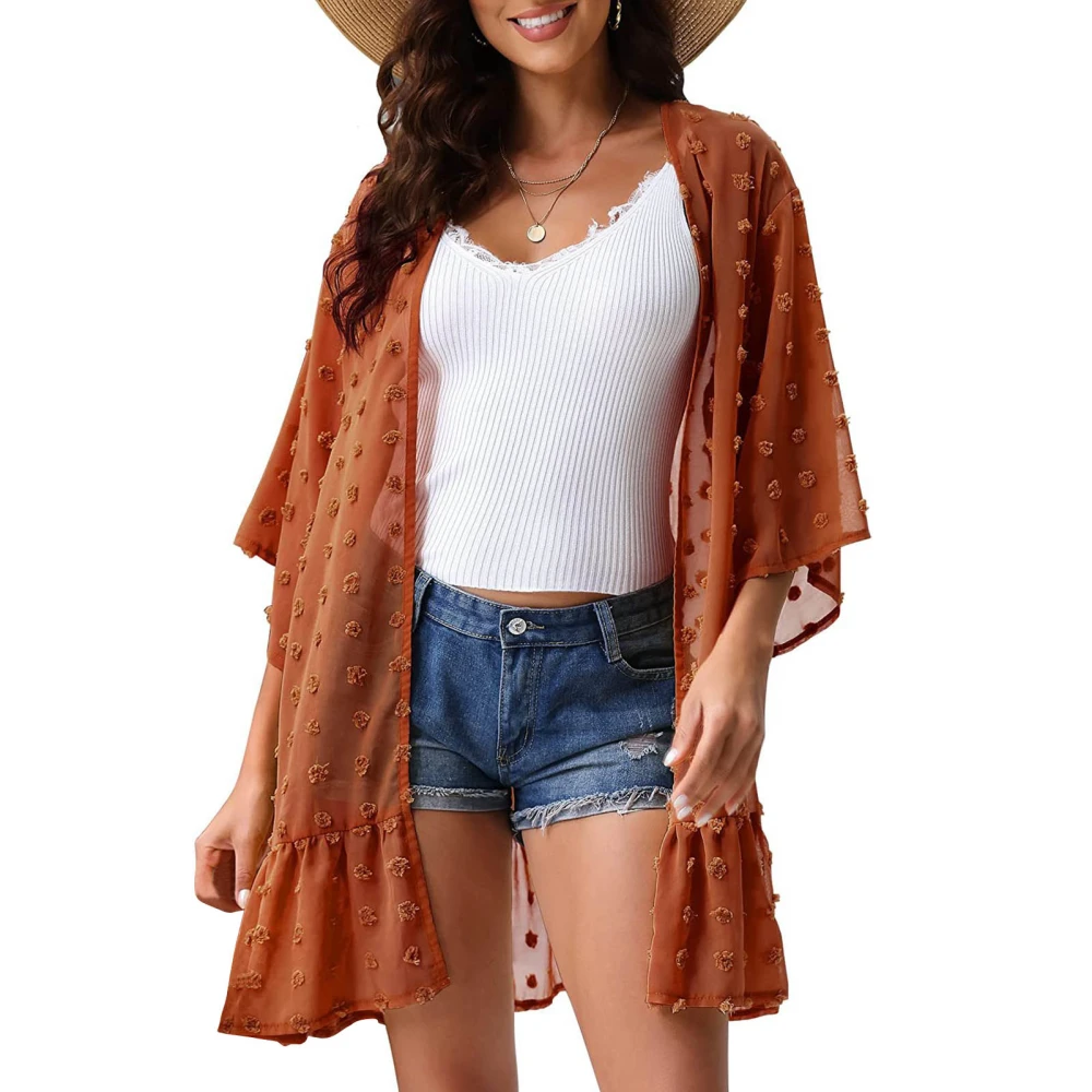 Jacquard Beach Cover Up Sheer Ruffle Hem Pure Color 3/4 Sleeves Cover Up for Women Summer Brown M