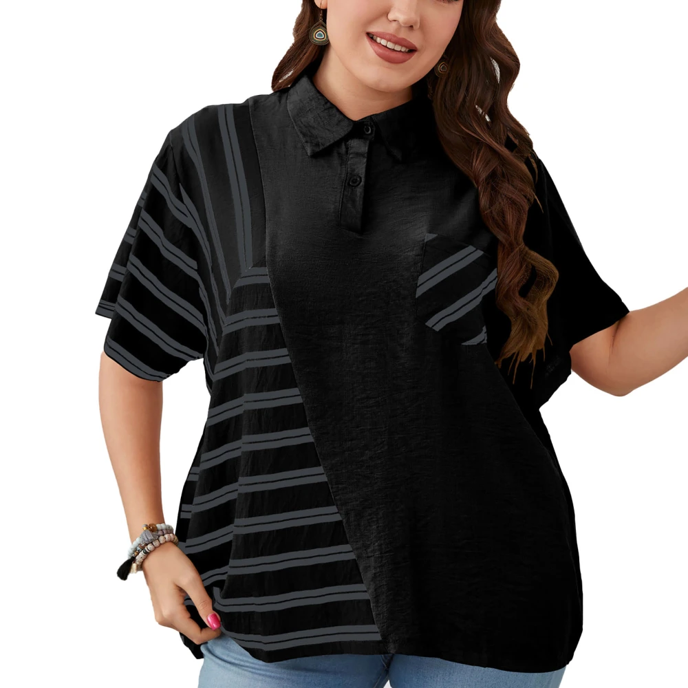 Women Short Sleeve Shirt 1/4 Button Turn Down Collar Striped Color Block Pullover Women Loose Shirt Top for Summer Black XL