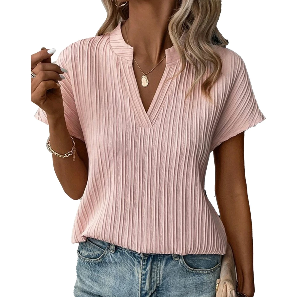 Women V Neck Blouse Short Sleeve Striped Casual Loose Fitting Pure Color Summer Pullover T Shirt Pink XXL