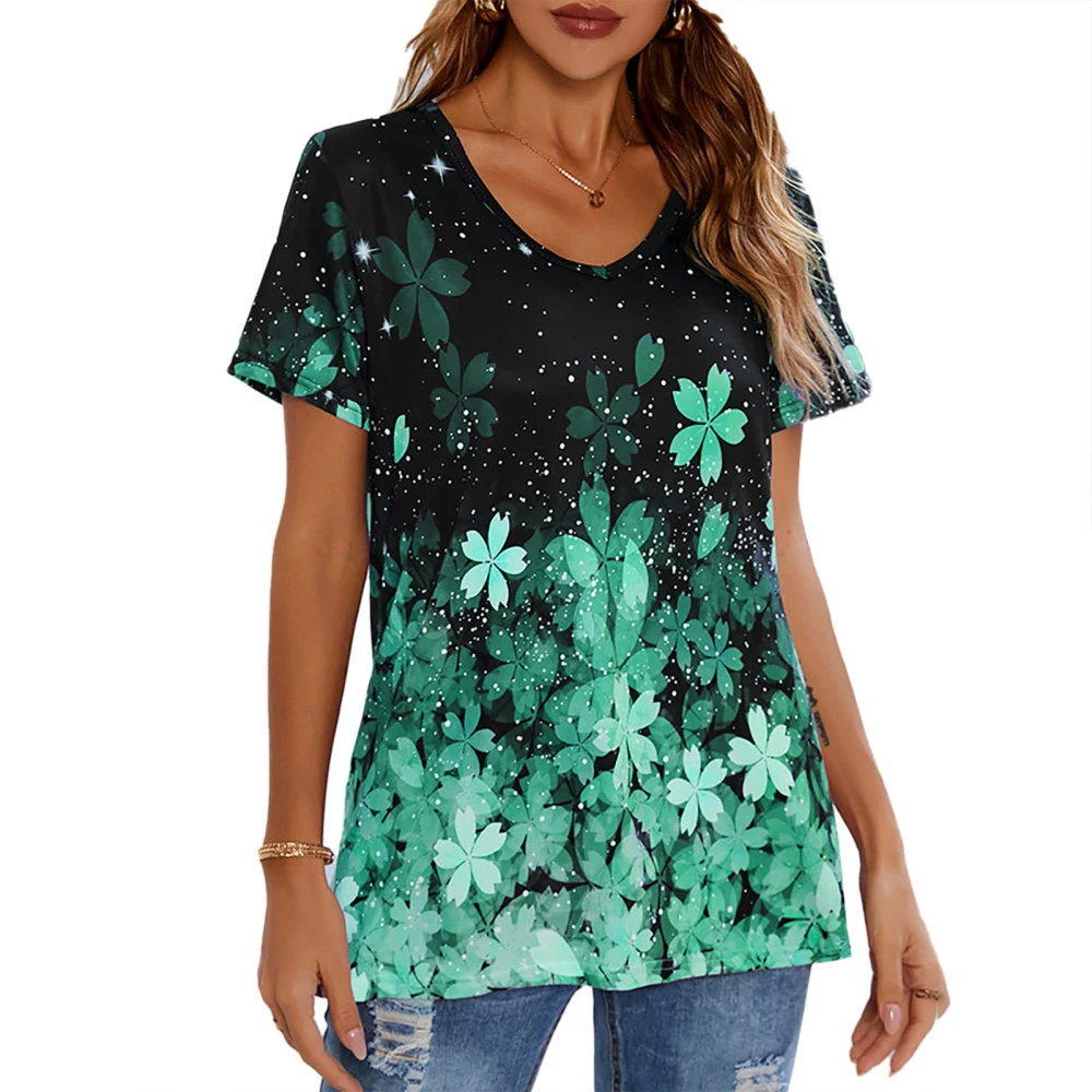 Women Summer Top Casual Short Sleeve Gradient Color Floral Printed V Neck T Shirt for Female Green L