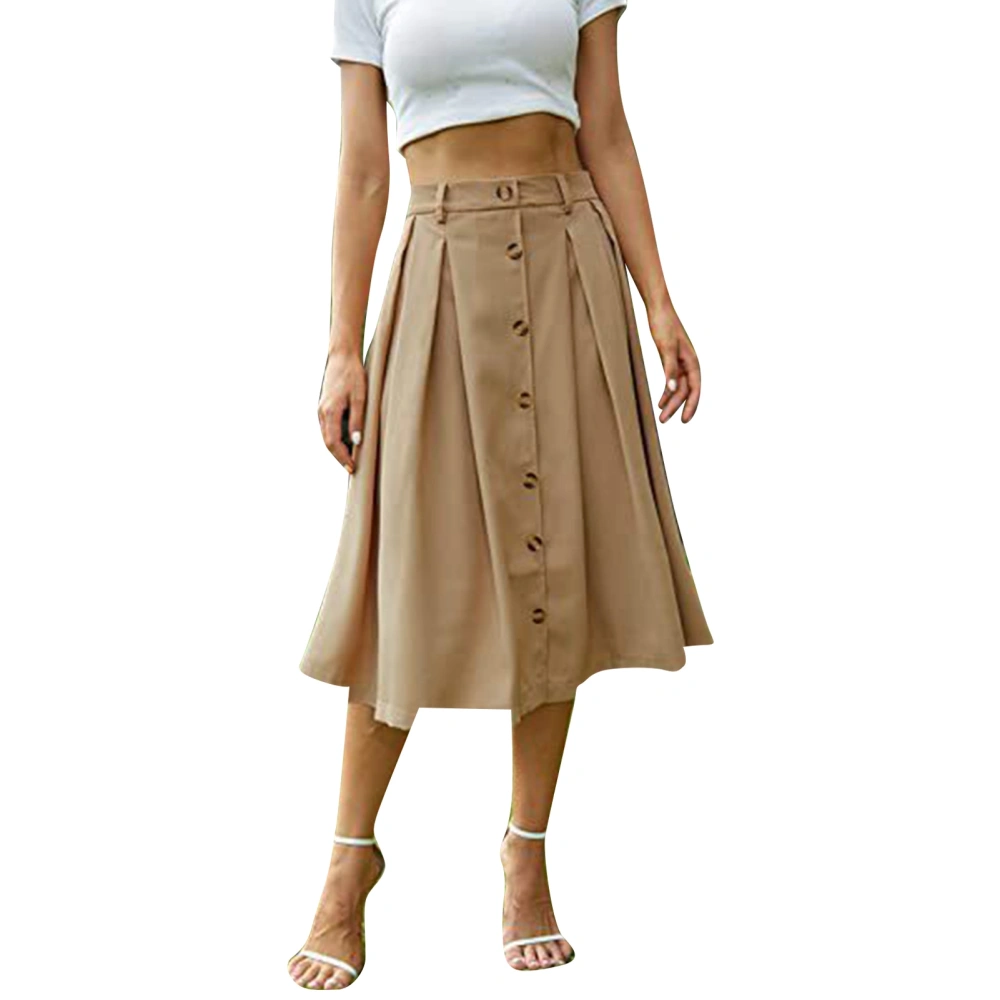 Midi Skirts A Line Pleated Botton Down Skirt Elastic Waist Casual Breathable Skirt for Women Khaki XL