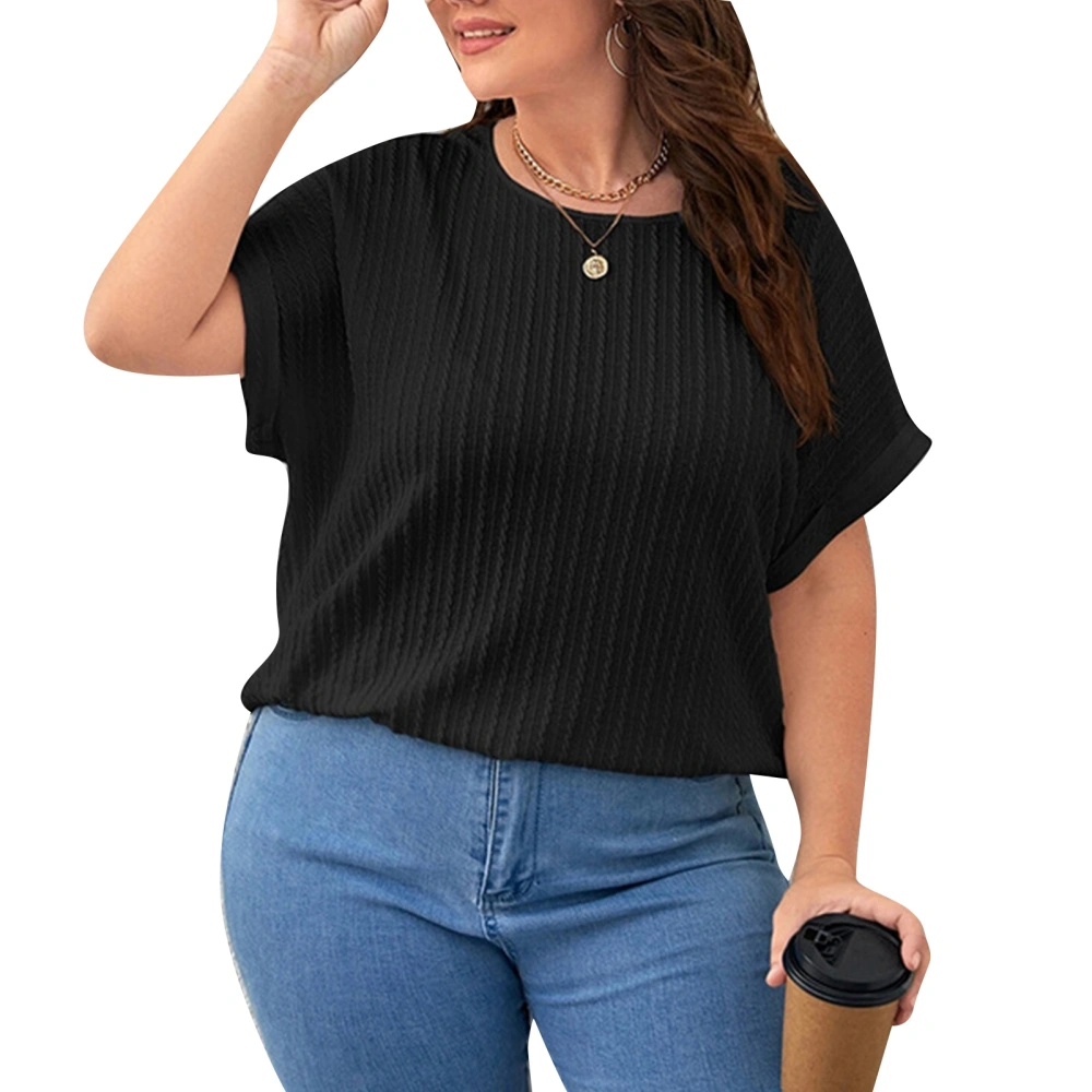 Women Summer Top Plus Size Loose Round Neck Short Rolled Sleeve Ribbed Top for Female Black XXL