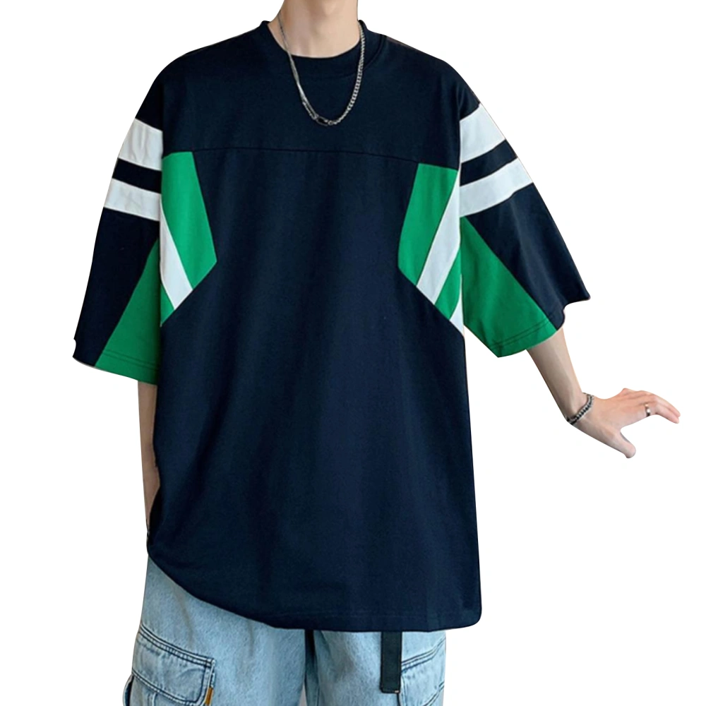 Men Loose Fit Heavyweight T Shirt Polyester Oversized Short Sleeve Crewneck Casual T Shirt with Stripes Blue XL