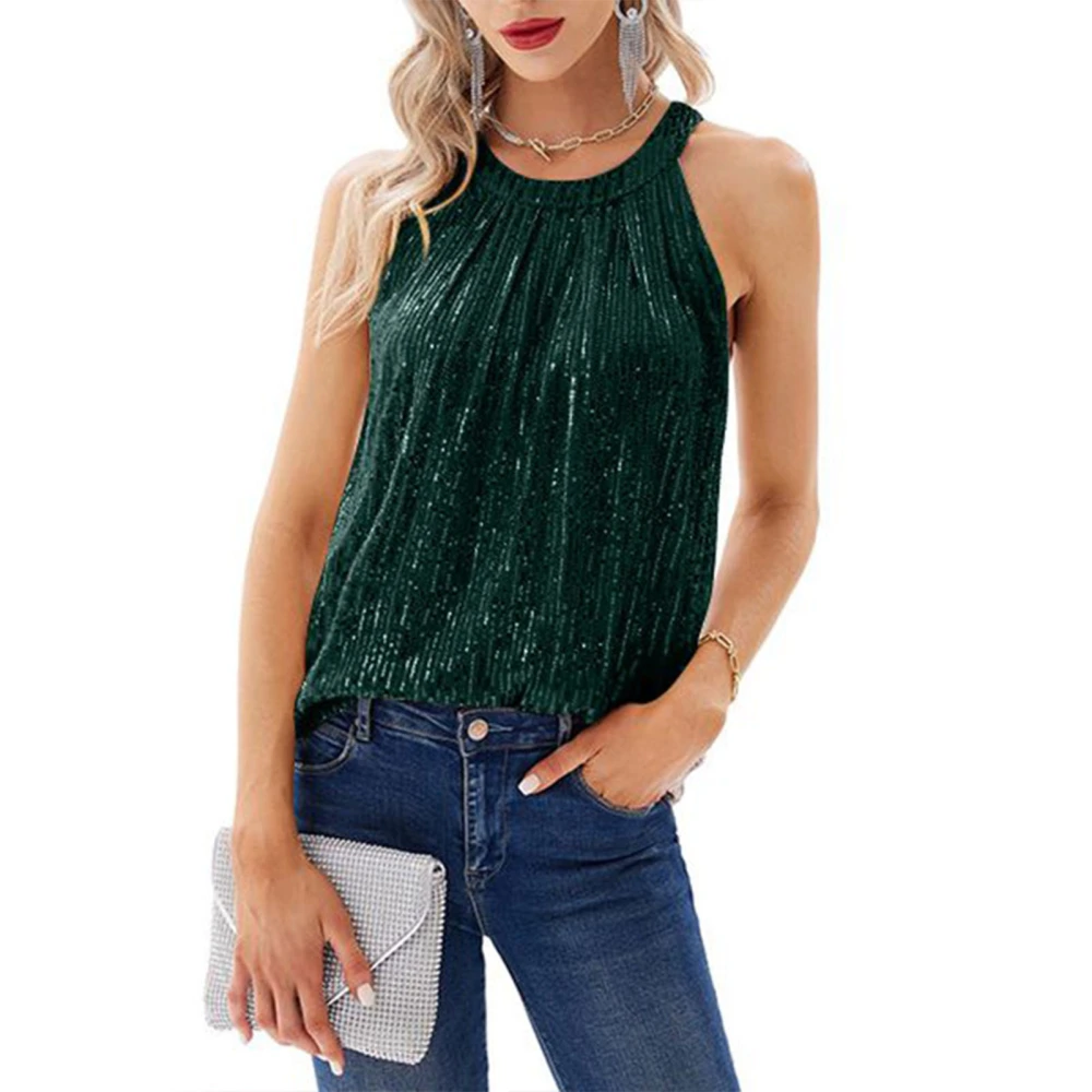 Sleeveless Sequin Tank Glitter Round Neck Sparkle Sequined Tank Shirt for Women Lady Summer Dark Green S