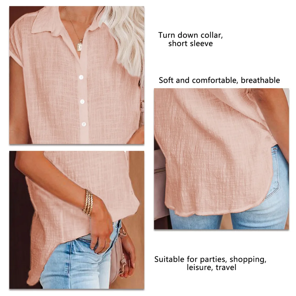 Single Breasted Blouse Button Front Pure Color Turn Down Collar Short Sleeved Blouse for Women Summer Pink S