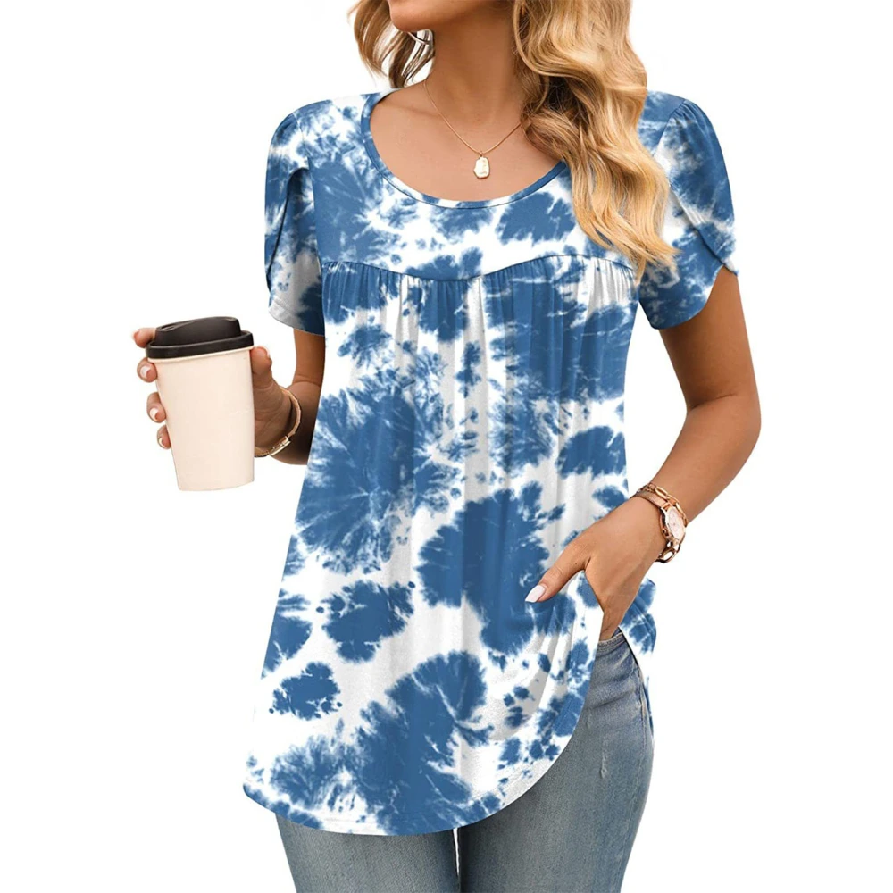 Woman Short Sleeve Shirt Crewneck Printed Loose Fit Blouse Pleated Top for Work Dating Daily Wear Blue S