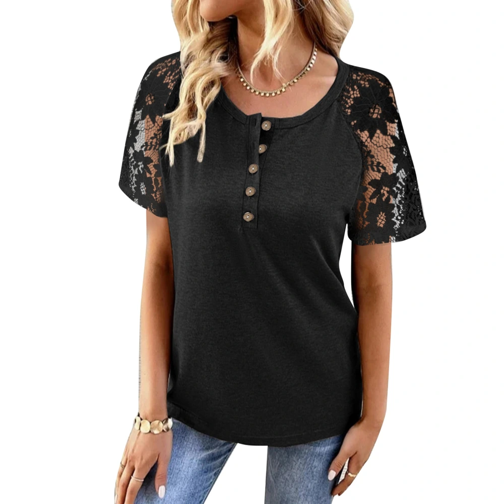 Women Casual Short Sleeve Top Lace Hollow Buttoon Splicing Comfy Fashion Summer Blouse Black XXL