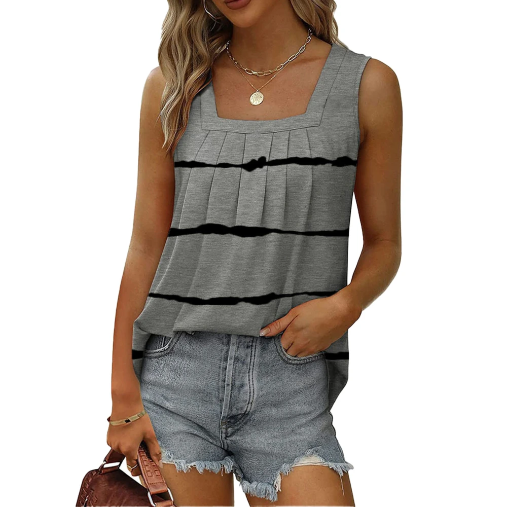 Women Summer Tank Top Loose Pleated Sleeveless Color Block Tie Dye Striped Top for Female Grey L