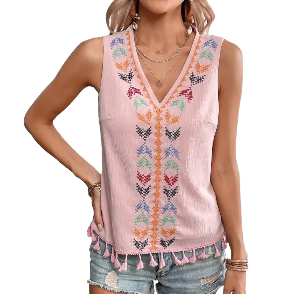 Women V Neck Tank Top Embroider Decor Hem Tassels Loose Fitting Summer Sleeveless Vest Pink L