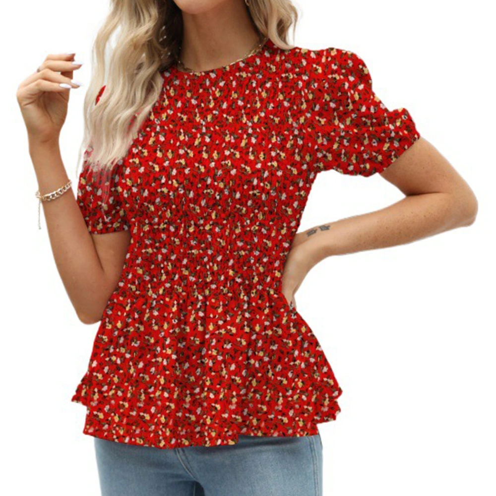 Women Elastic Shirred Top Floral Print Round Neck Short Puff Sleeves Ruffle Hem Summer T Shirt Red XL