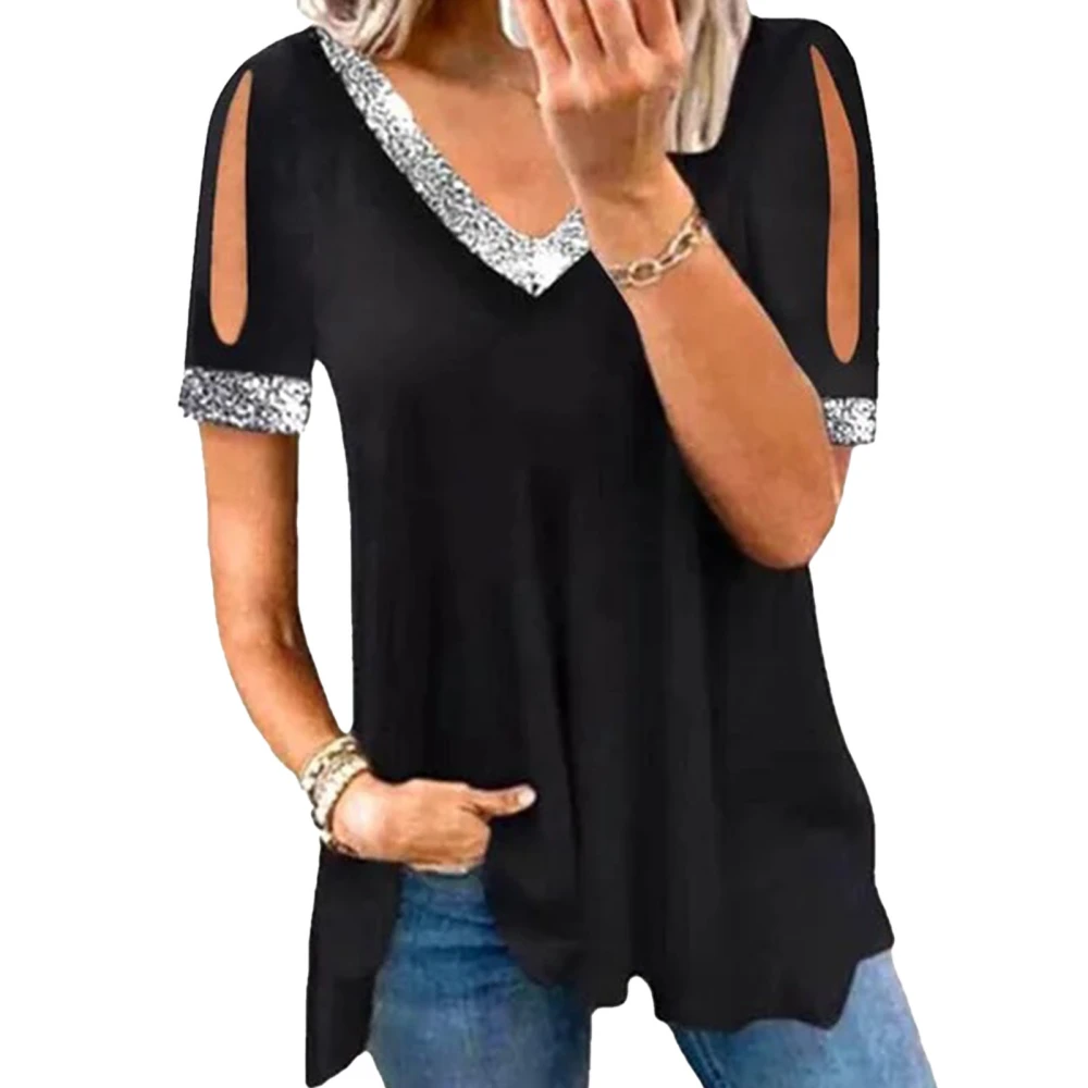 Women Cold Shoulder V Neck Top Short Sleeves Glitter Fabric Splicing Summer Casual T Shirt Black S