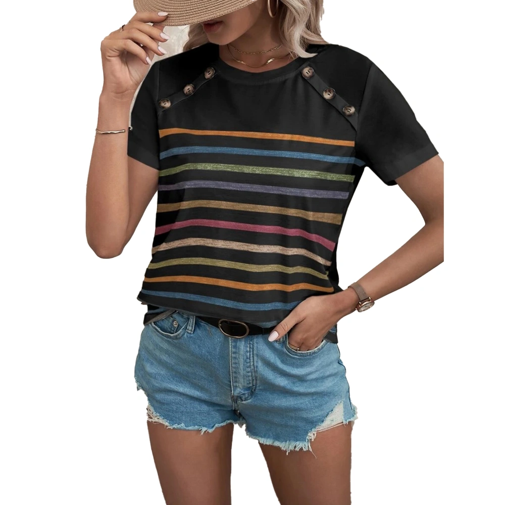 Women T Shirt Round Neck Shoulder Button Short Sleeve Stripe Pattern Stylish Casual Women Summer Top for Holiday Daily Black XL