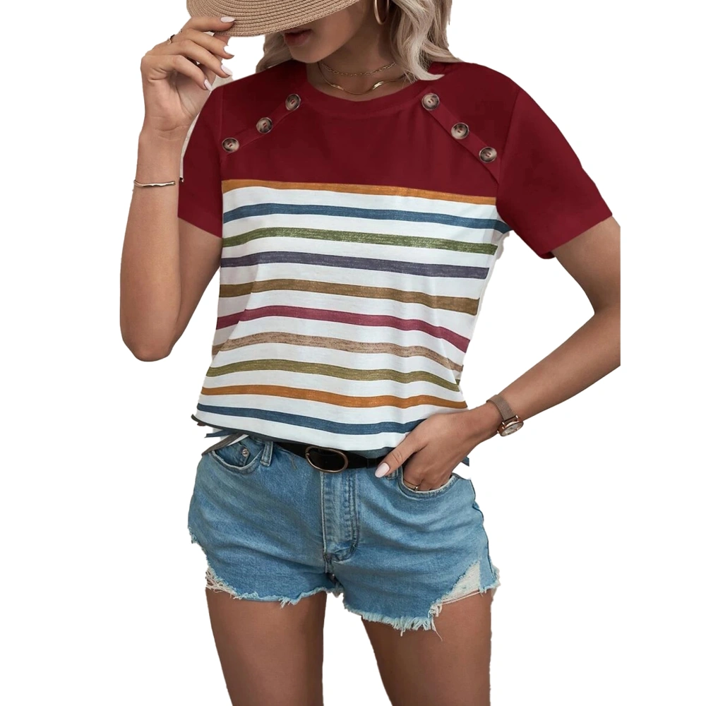 Women T Shirt Round Neck Shoulder Button Short Sleeve Stripe Pattern Stylish Casual Women Summer Top for Holiday Daily Wine Red M