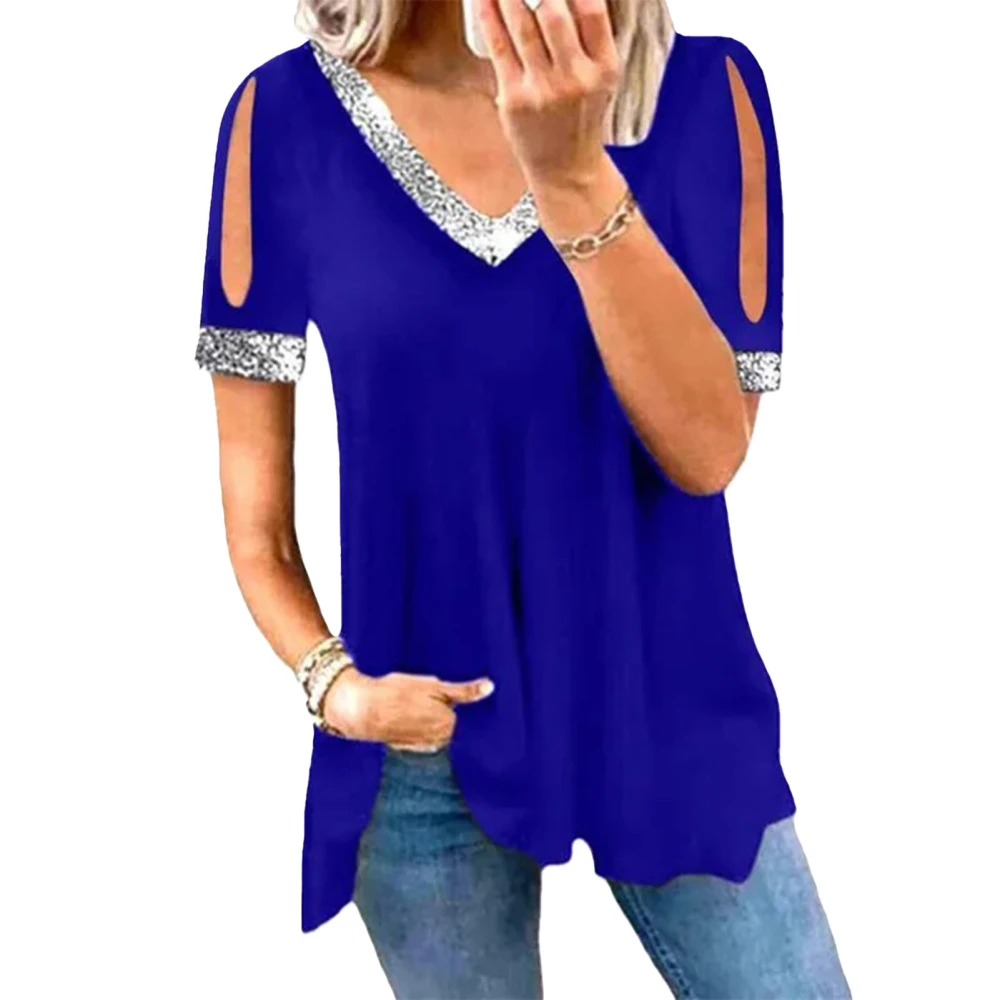 Women Cold Shoulder V Neck Top Short Sleeves Glitter Fabric Splicing Summer Casual T Shirt Blue M