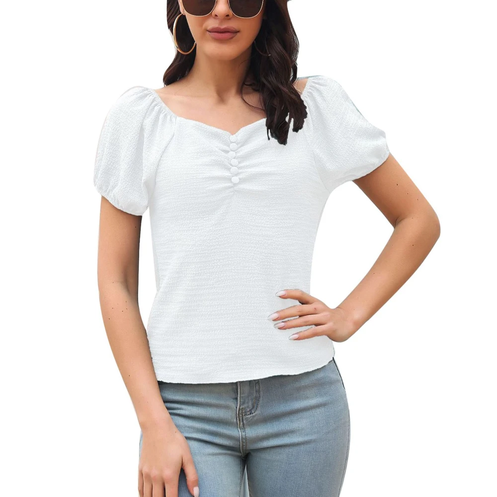 Women Puff Sleeve Top V Neck Short Sleeve Pleated Front Button Slim Fit Simple Plain Pattern Summer T Shirt White XL