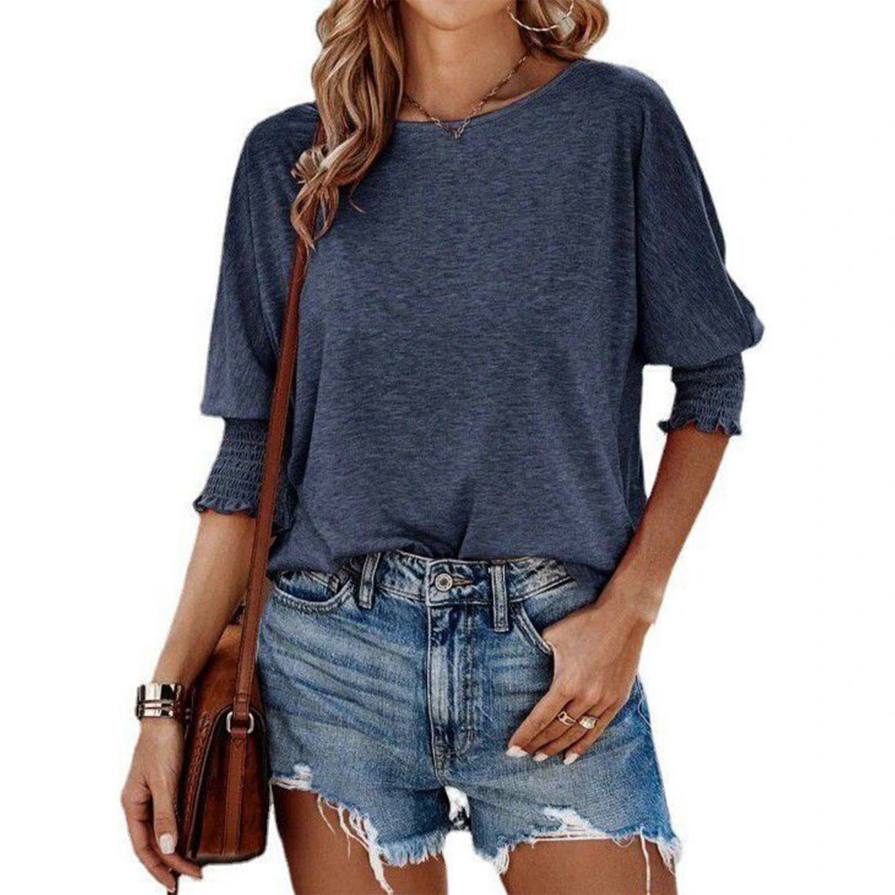 Women Summer Shirred Cuff Top Fashionable Casual Loose Plain Color Crewneck Shirt Blouse for Dating Dark Blue S