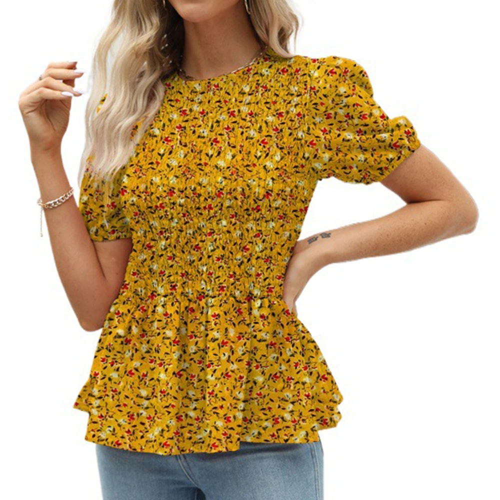 Women Elastic Shirred Top Floral Print Round Neck Short Puff Sleeves Ruffle Hem Summer T Shirt Yellow L