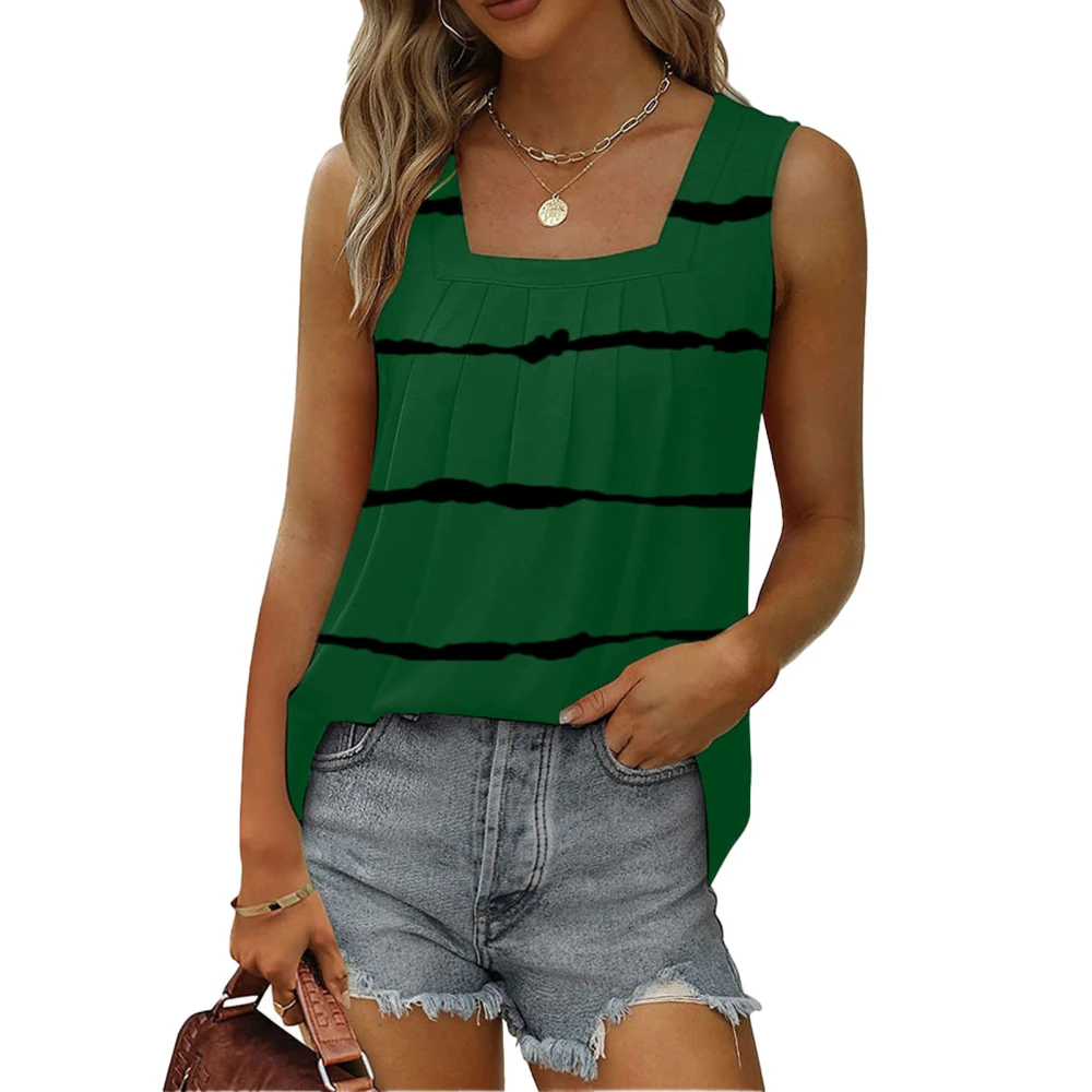 Women Summer Tank Top Loose Pleated Sleeveless Color Block Tie Dye Striped Top for Female Green XXL