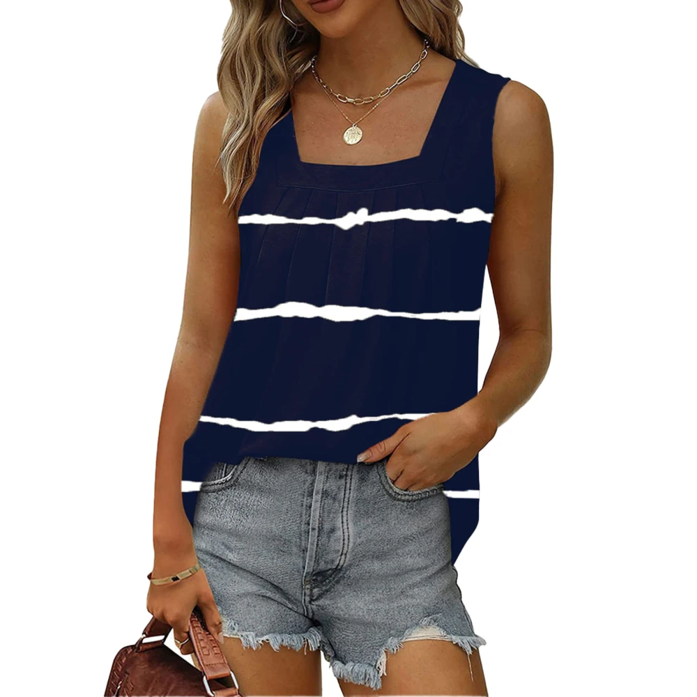 Women Summer Tank Top Loose Pleated Sleeveless Color Block Tie Dye Striped Top for Female Purplish Blue XXL