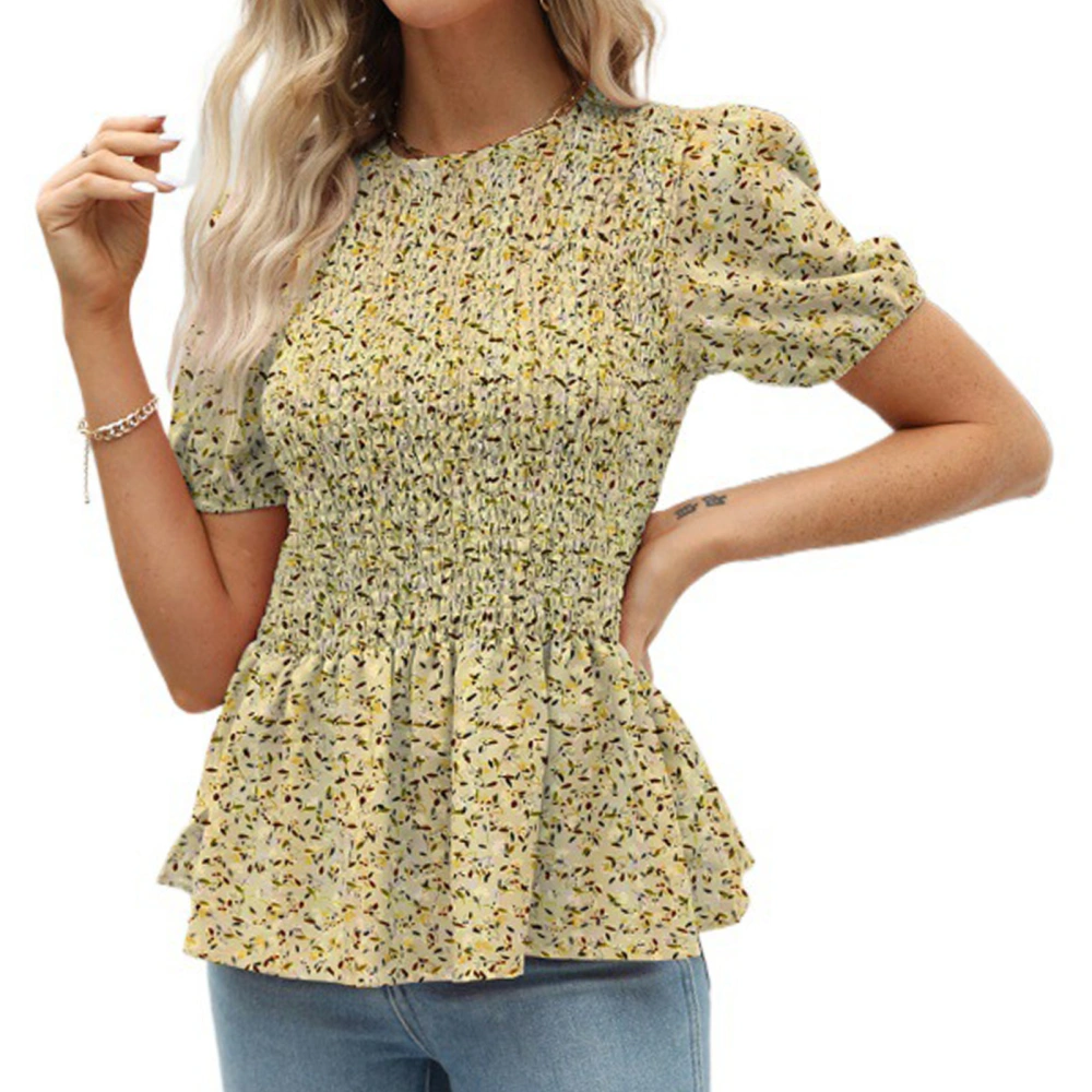 Women Elastic Shirred Top Floral Print Round Neck Short Puff Sleeves Ruffle Hem Summer T Shirt Beige M