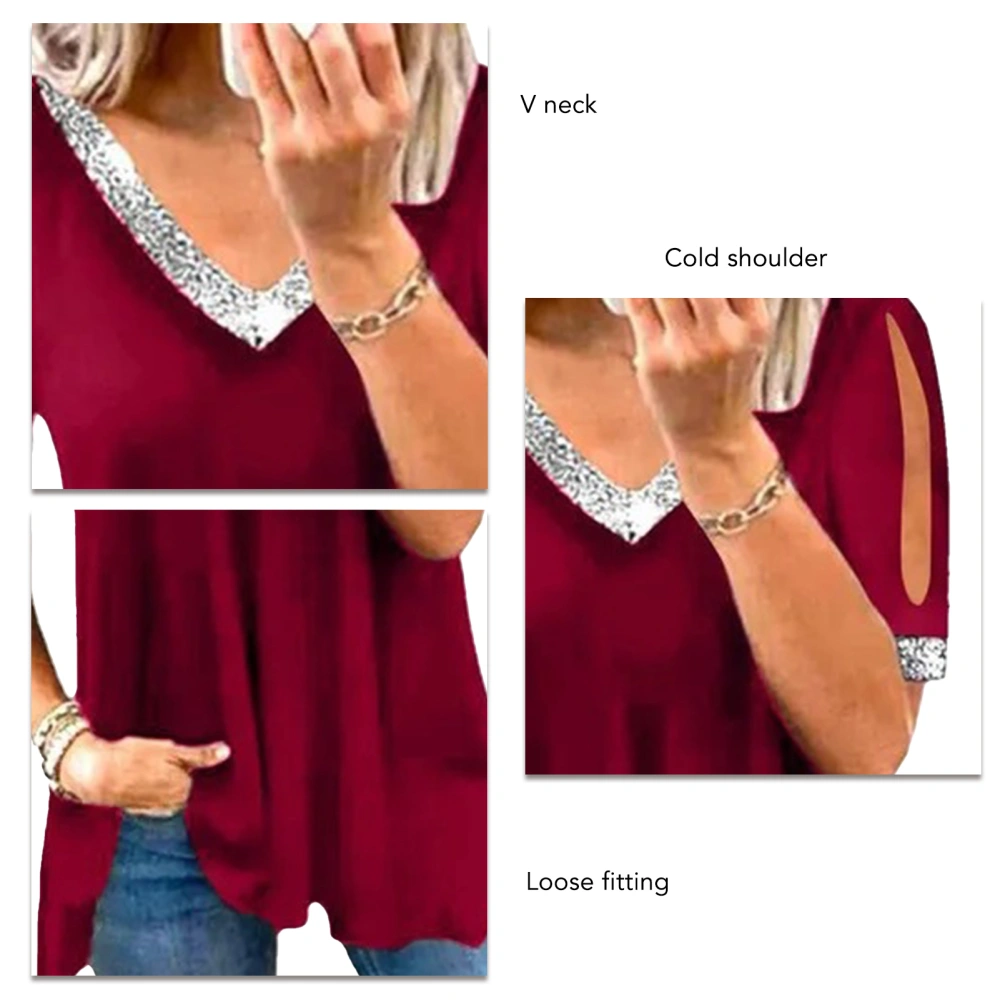 Women Cold Shoulder V Neck Top Short Sleeves Glitter Fabric Splicing Summer Casual T Shirt Red M