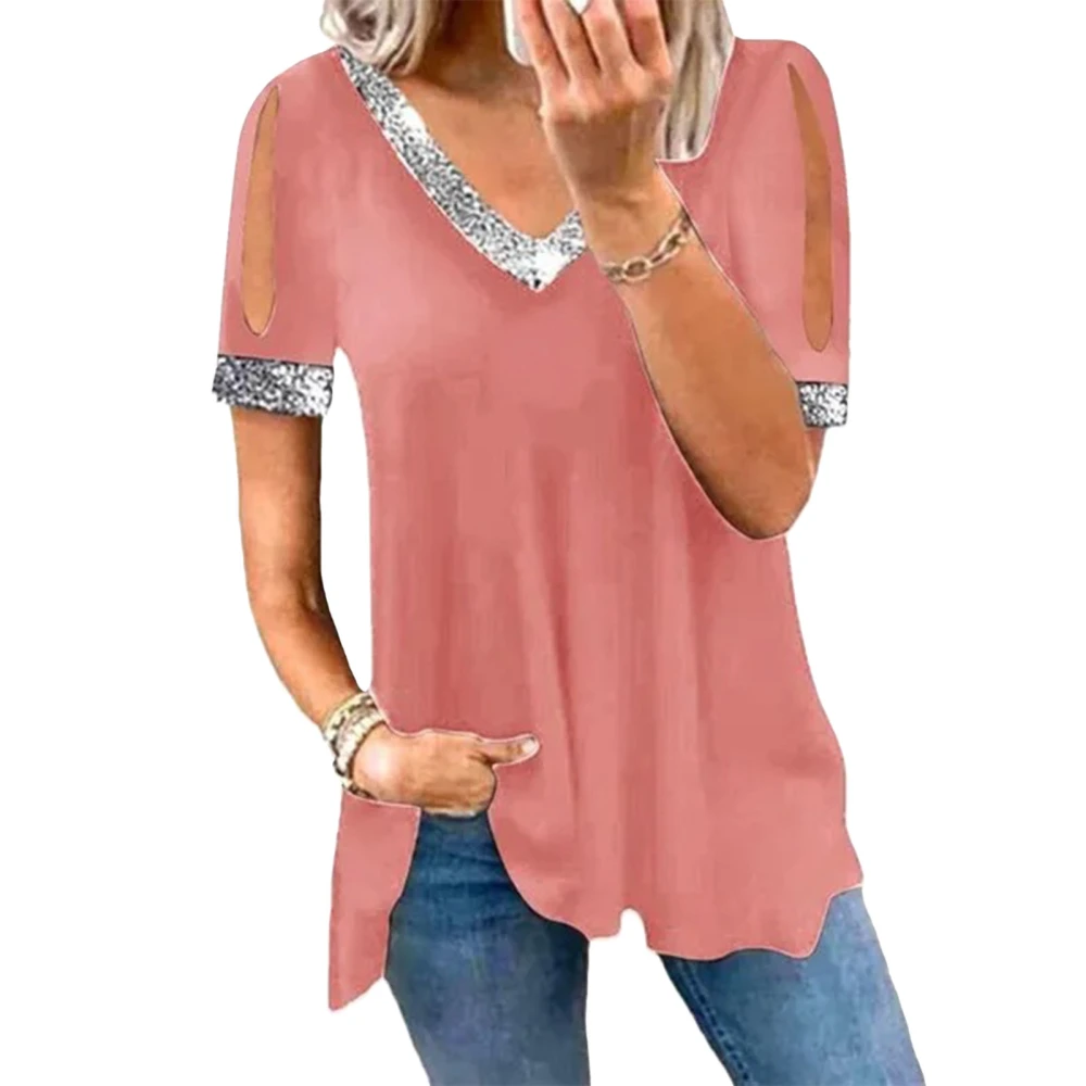 Women Cold Shoulder V Neck Top Short Sleeves Glitter Fabric Splicing Summer Casual T Shirt Pink S