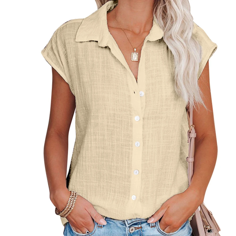 Single Breasted Blouse Button Front Pure Color Turn Down Collar Short Sleeved Blouse for Women Summer Apricot M