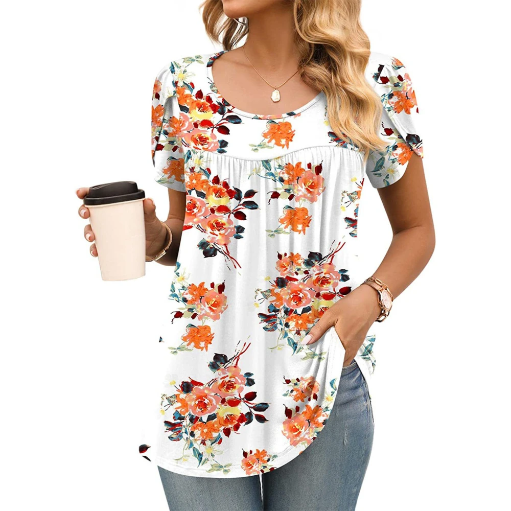 Woman Short Sleeve Shirt Crewneck Printed Loose Fit Blouse Pleated Top for Work Dating Daily Wear White S